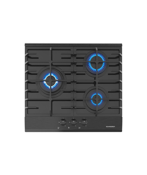 SCHNEIDER - SCTG6031N3 - Plaque de cuisson gaz 60cm - Support fonte - 3 brûleurs dont 1 wok - Surface verre - Noir