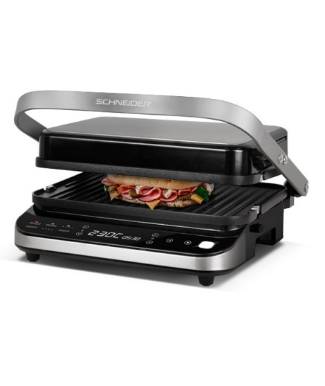 SCHNEIDER - SCGR2000X - Grill viandes 3 en 1 - Double thermostat - Minuterie 60min - Bac récupérateur graisses - Inox