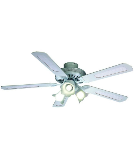 Occasion -FARELEK - BALEARES Ø 132 cm - Ventilateur de plafond réversible, 5 pales blanches / cannées blanches + éclairage
