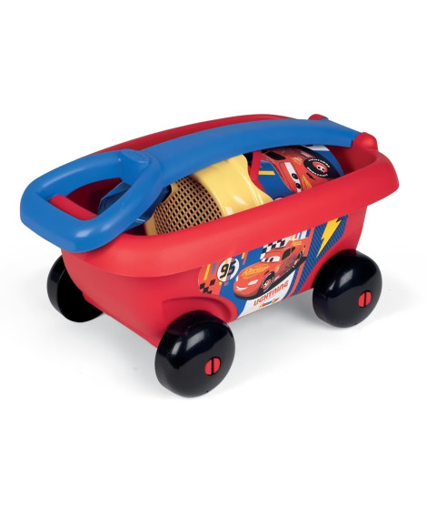Occasion - SMOBY - CARS Chariot de plage garni : sceau + tamis + râteau + pelle + moule a sable