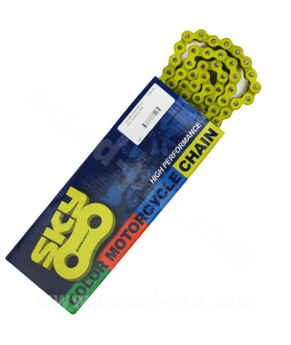 CHAINE MOTO / MECABOITE RENFORCEE COULEUR JAUNE KMC 420 134 MAILLONS