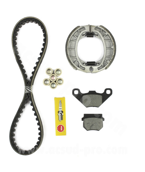 KIT REVISION ORIGINE COMPLET ROMA / BOSTON 4T 10 POUCES GY6 50cc (COURROIE / PLAQUETTE / GALETS / BOUGIE)