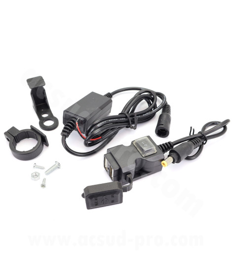 PRISE CHARGEUR DOUBLE USB UNIVERSEL SCOOTER / MOTO avec interrupteur (5V-2.1A-5V-1A) (FIXATION GUIDON OU RETROVISEUR)