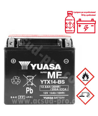 BATTERIE YUASA YTX14-BS 12V126 Ah MF SANS ENTRETIEN LIVREE AVEC PACK ACIDE ( PIAGGIO 125-250-300-400-500 MP3 250-400 X-EVO